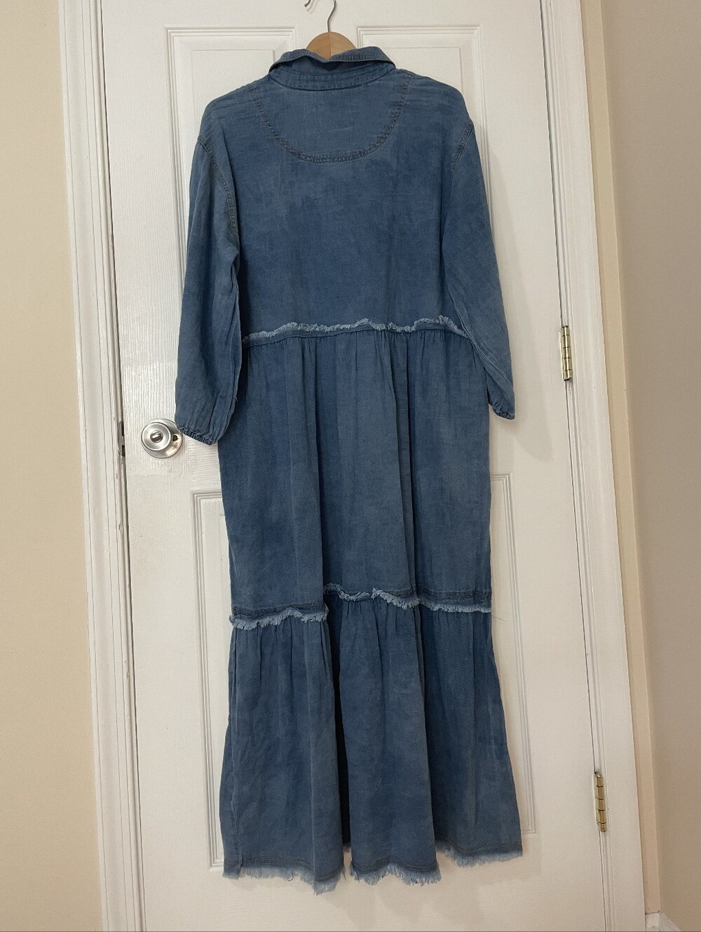 Anthropologie 100% Cotton Chambray Tiered Maxi Dress in Light Blue Size L - Picture 7 of 11